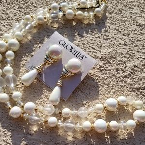 Iridescent white necklace and pierced earring set